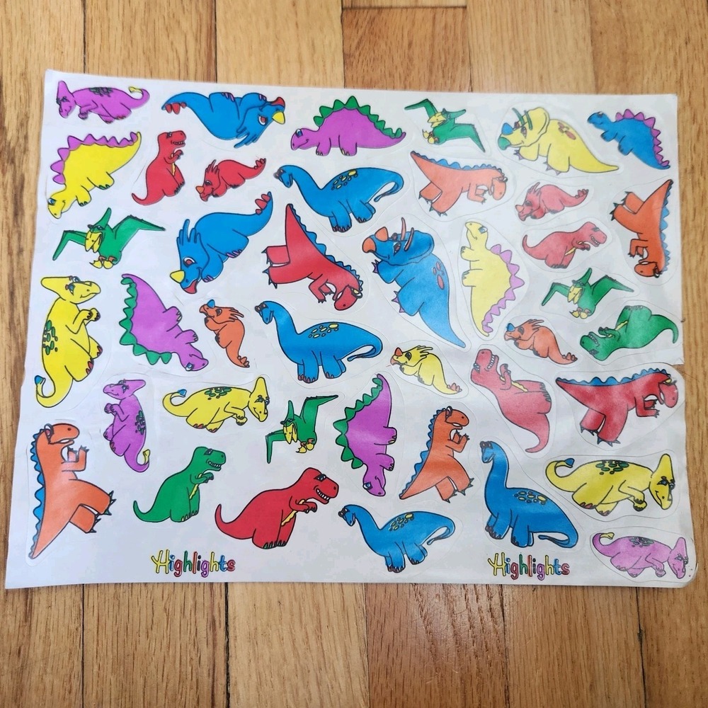 Vintage 1989 Highlights for Children Magazine Colorful Dinosaur Stickers Sheet